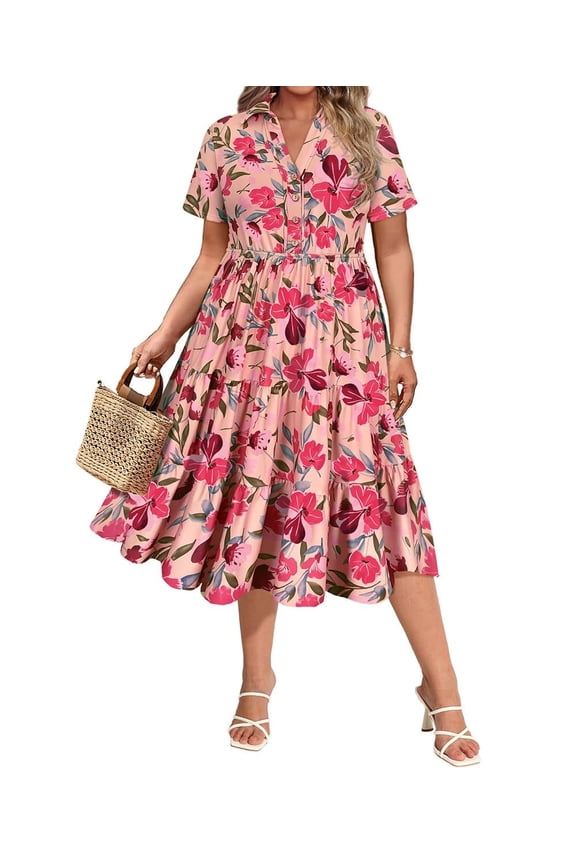 Plus Size Dresses 3X Casual Floral Pink Fall Dresses for Women Fashion Midi Sundresses Short Sleeve Collared Elegant V Neck Dresses Loose Fit Summer Dress with Pocket 3XL 22W 24W