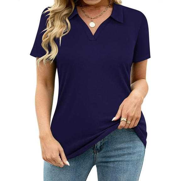 CASSIE LIZ Plus Size Shirts 3X Womens Summer Navy Blue Polo Shirts V Neck Ladies Shirts with Collar Fashion Business Short Sleeve Collared Shirts Casual Loose Fit Spring Tops 3XL 22W 24W