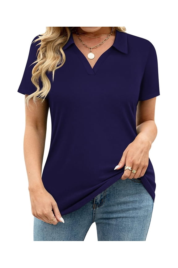 Plus Size Shirts 3X Womens Summer Navy Blue Polo Shirts V Neck Ladies Shirts with Collar Fashion Business Short Sleeve Collared Shirts Casual Loose Fit Spring Tops 3XL 22W 24W