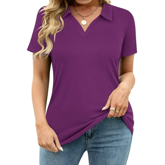 CASSIE LIZ Plus Size Shirts 3X Womens Summer Purple Polo Shirts V Neck Ladies Shirts with Collar Fashion Business Short Sleeve Collared Shirts Casual Loose Fit Spring Tops 3XL 22W 24W