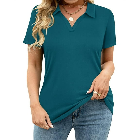 CASSIE LIZ Plus Size Shirts 3X Womens Summer Teal Blue Polo Shirts V Neck Ladies Shirts with Collar Fashion Business Short Sleeve Collared Shirts Casual Loose Fit Spring Tops 3XL 22W 24W