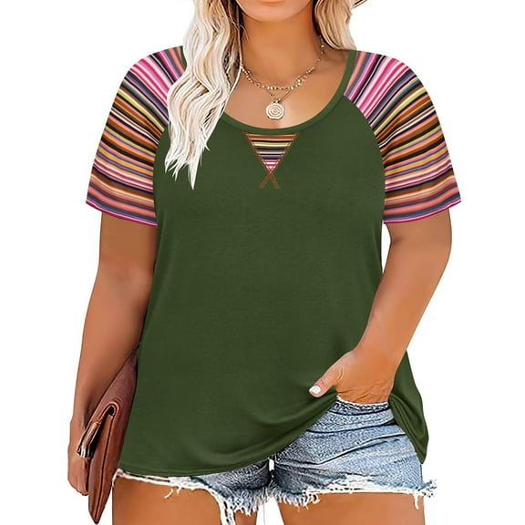 CASSIE LIZ Plus Size Shirts 5X Summer Crew Neck Womens Tops Army Green Fashion Short Sleeve Tee Loose Fit Colorful Striped Raglan Tunics Spring Blouses Casual Pullovers 5XL 26W 28W