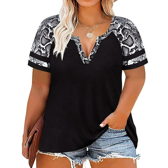 CASSIE LIZ Plus Size Shirts 5X Summer V Neck Womens Tops Black Fashion Short Sleeve Tee Loose Fit Snake Print Raglan Tunics Spring Blouses Casual Pullovers 5XL 26W 28W