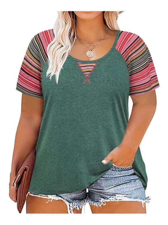 Plus Size Shirts 5X Summer Crew Neck Womens Tops Green Fashion Short Sleeve Tee Loose Fit Colorful Striped Raglan Tunics Spring Blouses Casual Pullovers 5XL 26W 28W