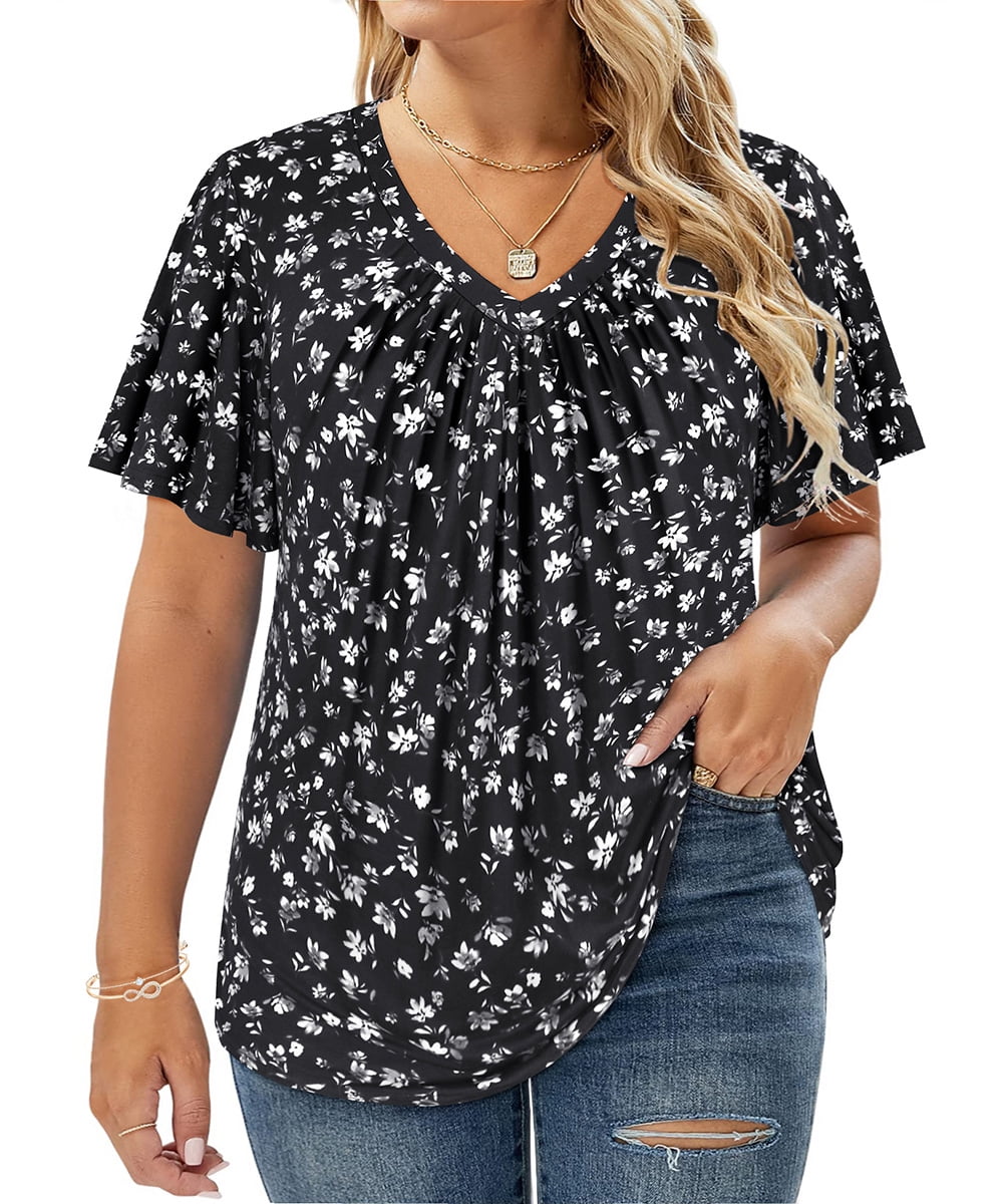 CASSIE LIZ Plus Size Short Sleeve Tops for Women 5X Casual White Floral ...