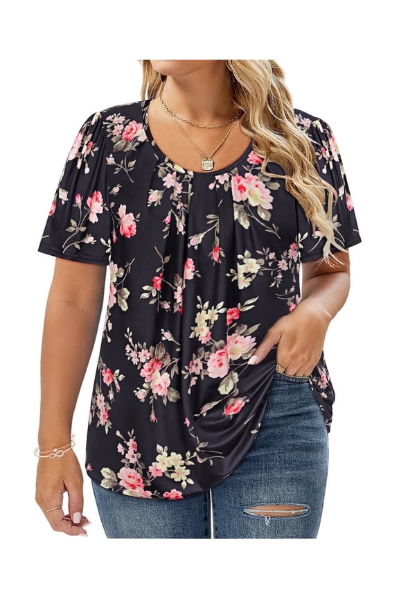 Plus Size Short Sleeve Tops for Women Black Floral 3X Blouses Fashion Swing Crew Neck Pullover Casual Shirts Loose Fit Tee Spring Summer Tunics 3XL 22W 24W