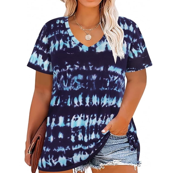CASSIE LIZ Plus Size Tops 3X Summer Tie Dye Womens Shirts Blue V Neck Fashion Short Sleeve Tee Loose Fit Tunics Spring Blouses Casual Slit Hem Pullovers 3XL 22W 24W