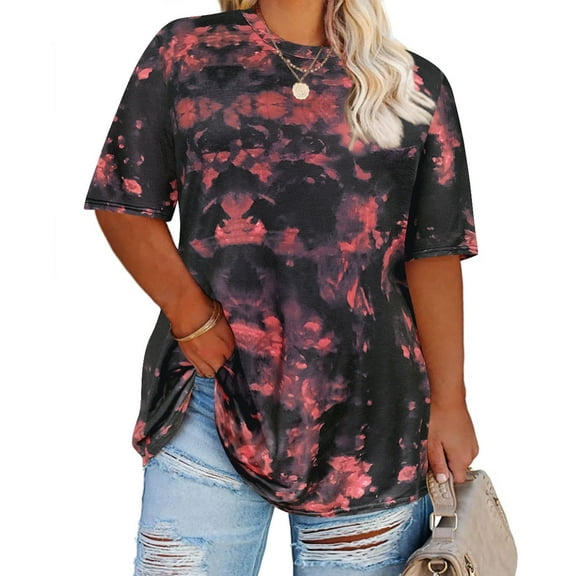 CASSIE LIZ Plus Size Tops 3X Summer Tie Dye Womens Shirts Black Red Round Neck Fashion Short Sleeve Tee Loose Fit Tunics Spring Oversized Blouses Casual Pullovers 3XL 22W 24W