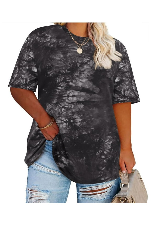 Plus Size Tops 3X Summer Tie Dye Womens Shirts Black Round Neck Fashion Short Sleeve Tee Loose Fit Tunics Spring Oversized Blouses Casual Pullovers 3XL 22W 24W