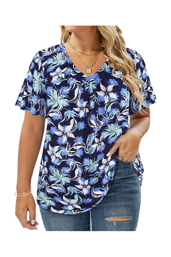 Plus Size Tops 3X Summer V Neck Womens Shirts Fashion Short Sleeve Blue Floral Flowy Tee Loose Fit Tunics Fall Pleated Blouses Casual Swing Pullovers 3XL 22W 24W
