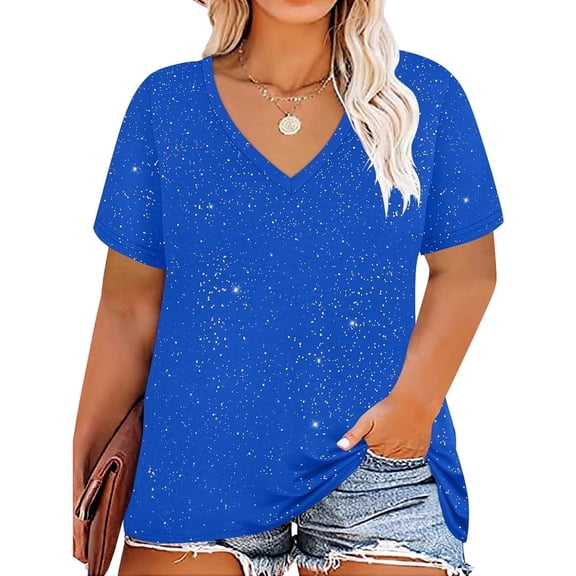 CASSIE LIZ Plus Size Tops 3X Summer V Neck Womens Shirts Blue Sequin Party Short Sleeve Fashion Tee Loose Fit Tunics Spring Blouses Casual Slit Hem Pullovers 3XL 22W 24W