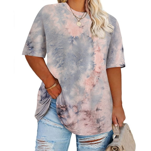 CASSIE LIZ Plus Size Tops 3X Summer Tie Dye Womens Shirts Blue Round Neck Fashion Short Sleeve Tee Loose Fit Tunics Spring Oversized Blouses Casual Pullovers 3XL 22W 24W