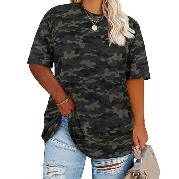 CASSIE LIZ Plus Size Tops 3X Summer Round Neck Womens Shirts Camo Fashion Short Sleeve Tee Loose Fit Tunics Spring Oversized Blouses Casual Pullovers 3XL 22W 24W
