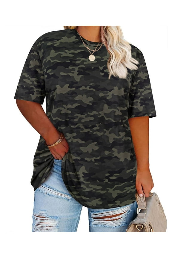 Plus Size Tops 3X Summer Round Neck Womens Shirts Camo Fashion Short Sleeve Tee Loose Fit Tunics Spring Oversized Blouses Casual Pullovers 3XL 22W 24W