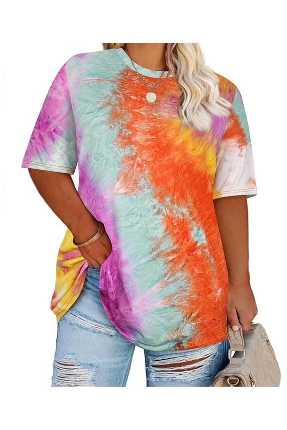 Plus Size Tops 3X Summer Tie Dye Womens Shirts Colorful Round Neck Fashion Short Sleeve Tee Loose Fit Tunics Spring Oversized Blouses Casual Pullovers 3XL 22W 24W