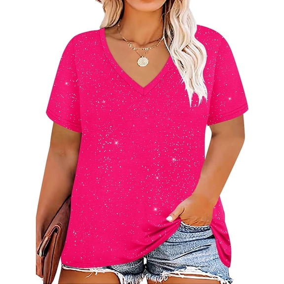 CASSIE LIZ Plus Size Tops 3X Summer V Neck Womens Shirts Pink Sequin Party Short Sleeve Fashion Tee Loose Fit Tunics Spring Blouses Casual Slit Hem Pullovers 3XL 22W 24W