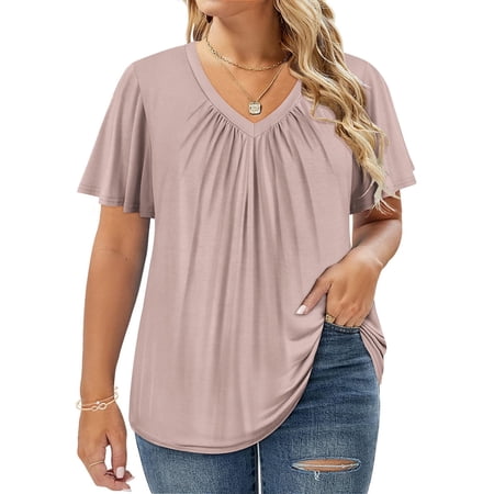 CASSIE LIZ Plus Size Tops 3X Summer V Neck Womens Shirts Khaki Fashion Short Sleeve Flowy Tee Loose Fit Tunics Fall Pleated Blouses Casual Swing Pullovers 3XL 22W 24W