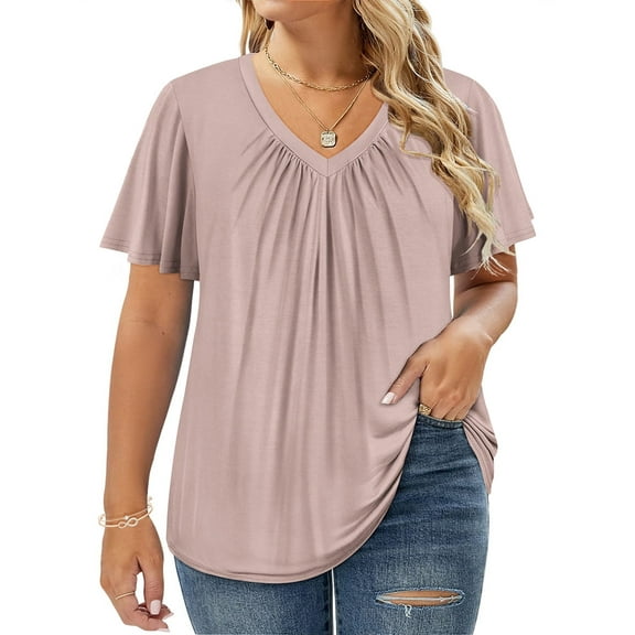 CASSIE LIZ Plus Size Tops 3X Summer V Neck Womens Shirts Khaki Fashion Short Sleeve Flowy Tee Loose Fit Tunics Fall Pleated Blouses Casual Swing Pullovers 3XL 22W 24W