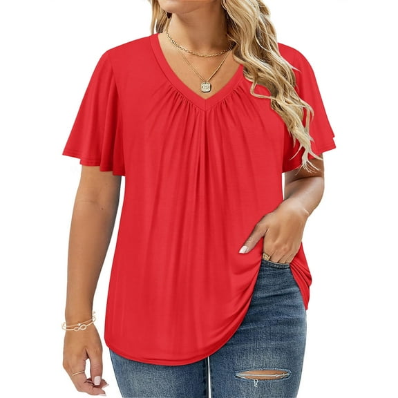 CASSIE LIZ Plus Size Tops 3X Summer V Neck Womens Shirts Red Fashion Short Sleeve Flowy Tee Loose Fit Tunics Fall Pleated Blouses Casual Swing Pullovers 3XL 22W 24W