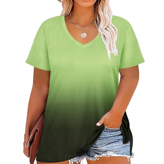 CASSIE LIZ Plus Size Tops 3X Summer V Neck Womens Shirts Green Gradient Fashion Short Sleeve Tee Loose Fit Tunics Spring Blouses Casual Slit Hem Pullovers 3XL 22W 24W