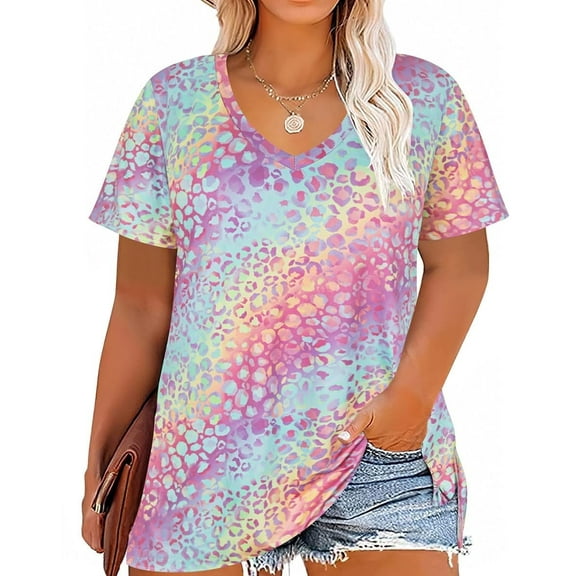 CASSIE LIZ Plus Size Tops 3X Summer Tie Dye Womens Shirts Leopard V Neck Fashion Short Sleeve Cheetah Tee Loose Fit Tunics Spring Blouses Casual Slit Hem Pullovers 3XL 22W 24W