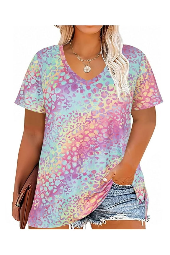 Plus Size Tops 3X Summer Tie Dye Womens Shirts Leopard V Neck Fashion Short Sleeve Cheetah Tee Loose Fit Tunics Spring Blouses Casual Slit Hem Pullovers 3XL 22W 24W