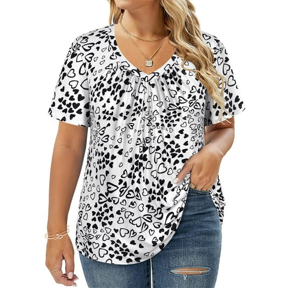 CASSIE LIZ Plus Size Short Sleeve Tops for Women Valentines Casual Black Love White 3X Swing Flowy Blouses V Neck Pullover Pleated Shirts Loose Fit Tee Spring Summer Tunics 3XL 22W 24W