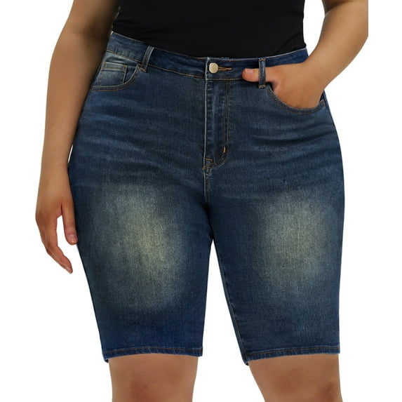 CASSIE LIZ Plus Size Shorts For Women High Rise Cut Off Shorts Jeans Casual Pocket Elastic Waist Shorts Dark Blue Summer Shorts Pants XL 16W