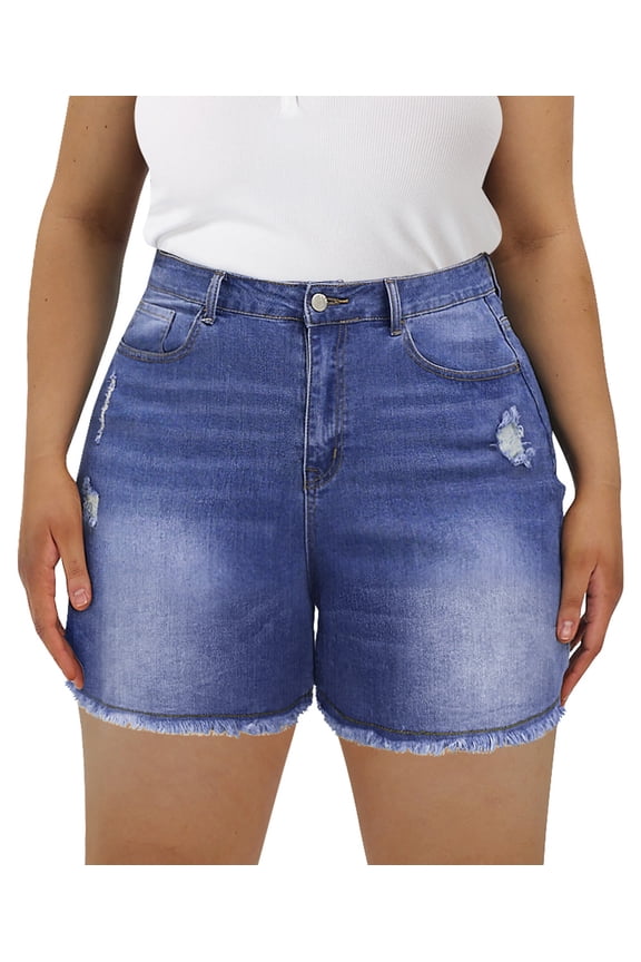 Casual High Rise Destructed Frayed Hem Cut Off Shorts (Women's Plus)
