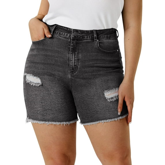 CASSIE LIZ Plus Size Shorts For Women High Rise Destructed Shortie Jeans Casual Pocket Elastic Waist Frayed Hem Shorts Grey Summer Washed Ripped Shorts Pants XL 16W