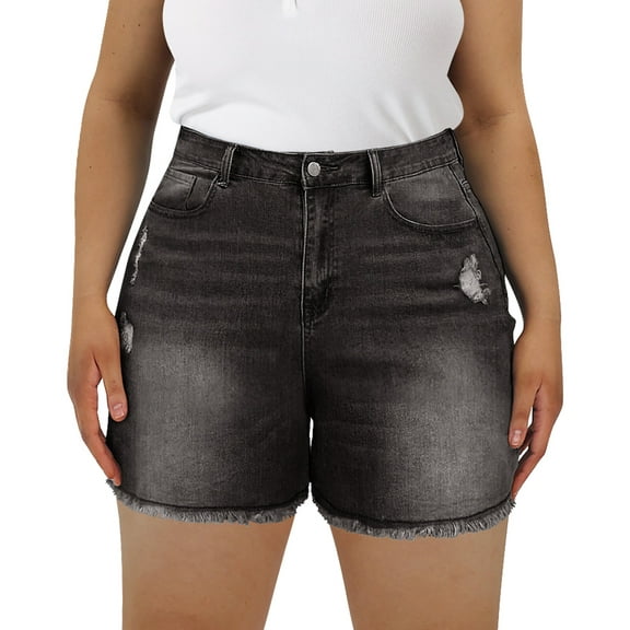 CASSIE LIZ Plus Size Shorts For Women High Rise Destructed Shortie Jeans Casual Pocket Elastic Waist Frayed Hem Shorts Black Summer Shorts Pants XL 16W