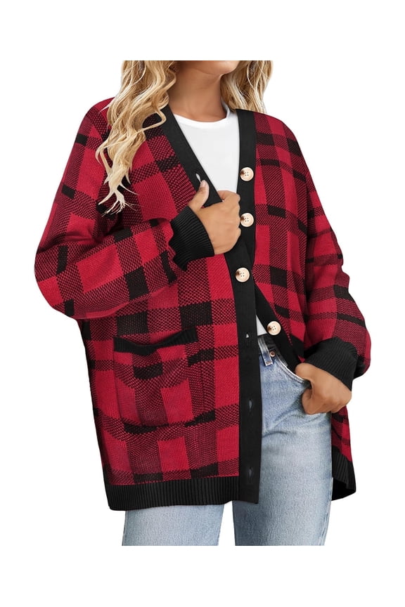 Womens Plus Size Sweaters 5X Fall Cardigans for Women Fashion Red Plaid Open Front Cardigans Casual Long Sleeve Lightweight Knit Holiday Sweaters with Pocket 5XL 26W-28W