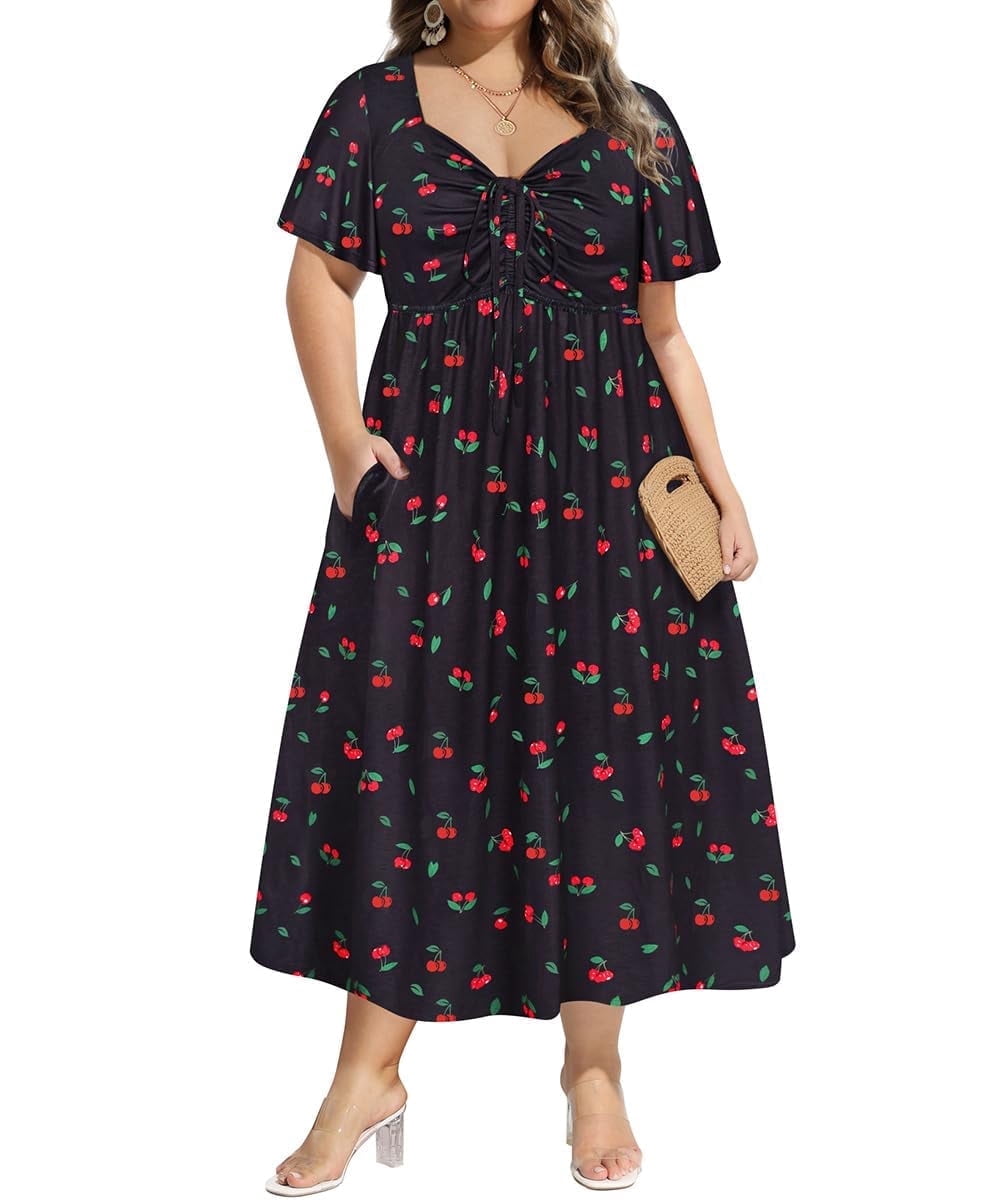 ZOMVA Plus Size Summer Dress - Sweetheart Neck Tie Front Puff Sleeve Midi Dress