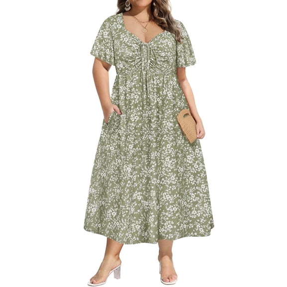 CASSIE LIZ Plus Size Dresses 5X Summer Midi Womens Sun Dresses Green Floral Boho Beach Short Sleeve V Neck Loose Fit Easter Spring Party Dresses with Pocket 5XL 26W 28W