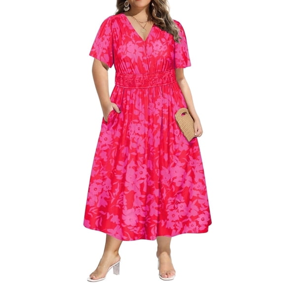 CASSIE LIZ Womens Plus Size Dresses 5X Hot Pink Floral Fall Dresses Fashion Midi Sundresses Short Sleeve V Neck Dresses Loose Fit Summer Dress With Pocket 5XL 26W 28W