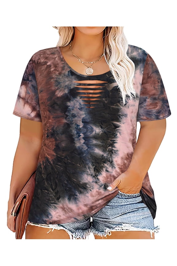 Plus Size Summer Pink Brown Tie Dye Tops for Women Crewneck Cutout Short Sleeve Casual Oversized Loose Tunic Blouses 3XL 22W 24W