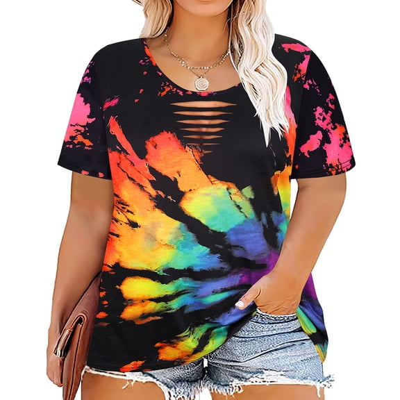 CASSIE LIZ Plus Size Summer Rainbow Tie Dye Tops for Women Crewneck Cutout Short Sleeve Oversized Loose Tunic Blouses 3XL 22W 24W