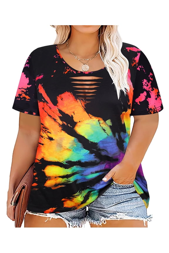 Plus Size Summer Rainbow Tie Dye Tops for Women Crewneck Cutout Short Sleeve Oversized Loose Tunic Blouses 3XL 22W 24W