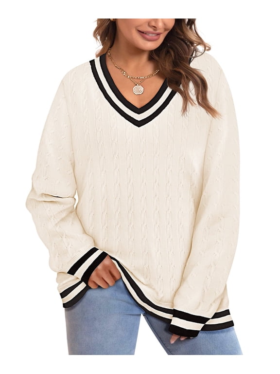 Plus Size Sweaters 2X Long Sleeve Womens Fall Preppy V Neck White Tops Fashion Knit Shirts Loose Fit Pullovers Winter Casual Dressy 2XL 18W 20W