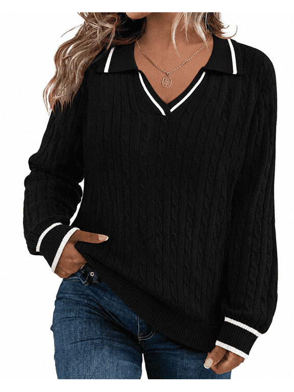 Plus Size Sweaters 2X Long Sleeve Womens Fall V Neck Black Tops Fashion Knit Collar Shirts Loose Fit Lapel Pullovers Winter Casual Dressy 2XL 18W 20W