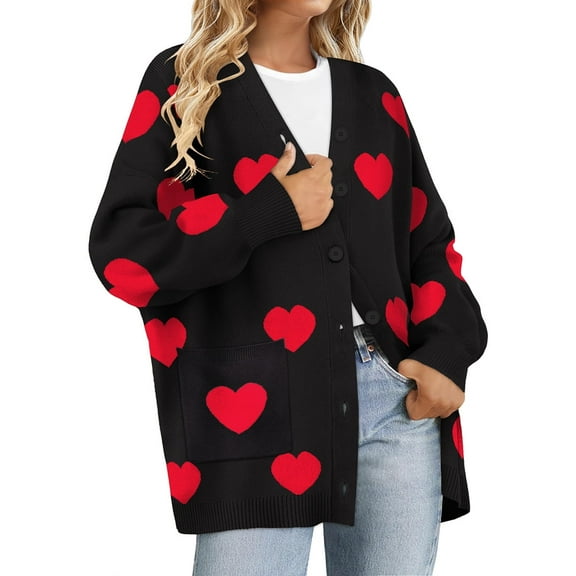 CASSIE LIZ Plus Size Sweaters 3X Fall Cardigans for Women Fashion Heart Print Black Open Front Cardigans Casual Winter Womens Long Sleeve Lightweight Knit Holiday Sweaters with Pocket 3XL 22W-24W