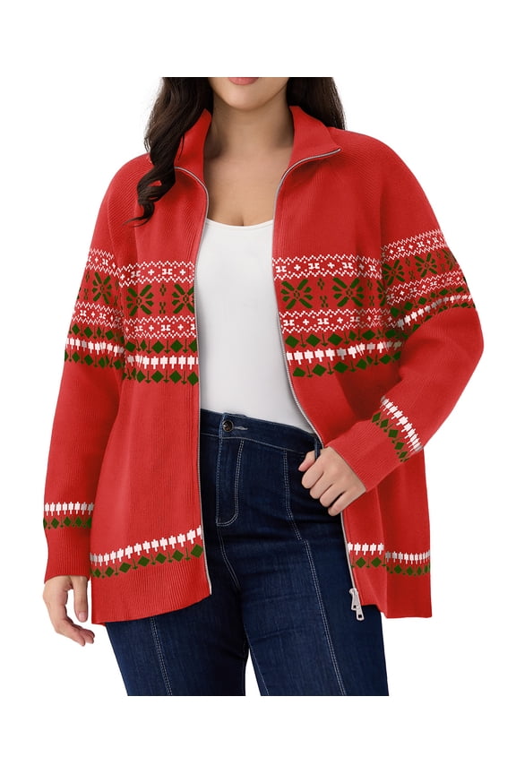 Plus Size Sweaters 3X Fall Cardigans for Women Fashion Zip Up Red Pullover Casual Two Way Zipper Oversized Womens Lightweight Fair Isle Knit Holiday Winter Dressy 3XL 22W 24W