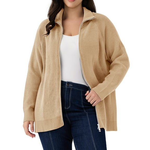 CASSIE LIZ Plus Size Sweaters 3X Fall Cardigans for Women Fashion Zip Up Khaki Pullover Casual Two Way Zipper Oversized Womens Lightweight Knit Holiday Winter Dressy 3XL 22W 24W