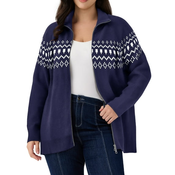 CASSIE LIZ Plus Size Sweaters 3X Fall Cardigans for Women Fashion Zip Up Navy Blue Pullover Casual Two Way Zipper Oversized Womens Lightweight Fair Isle Knit Holiday Winter Dressy 3XL 22W 24W