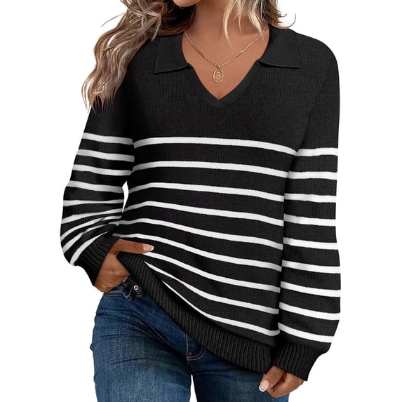 CASSIE LIZ Plus Size Sweaters Long Sleeve Womens Sweatshirts Fall V Neck Tops Fashion Knit Collar Shirts Loose Fit Lapel Pullovers Winter Casual Dressy Solid/Striped (XL-5XL)