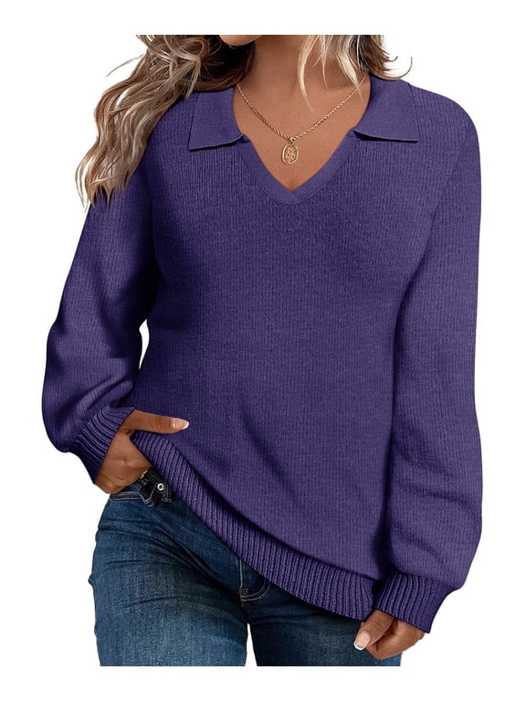 Plus Size Sweaters 3X Long Sleeve Womens Sweatshirts Fall V Neck Blue Tops Fashion Knit Collar Shirts Loose Fit Lapel Pullovers Winter Casual Dressy 3XL 22W 24W