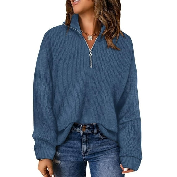 CASSIE LIZ Sweaters for Women Plus Size 2X Quarter Zip Pullover Fall Fashion Blue Oversized Winter Dressy 2XL 18W 20W