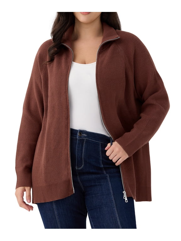 Cardigans for Women Plus Size 2X Fall Sweaters Fashion Zip Up Brown Pullover Casual Two Way Zipper Oversized Womens Lightweight Knit Holiday Winter Dressy 2XL 18W 20W