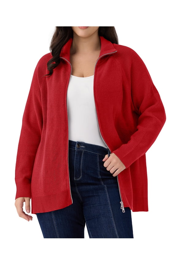 Cardigans for Women Plus Size 2X Fall Sweaters Fashion Zip Up Red Pullover Casual Two Way Zipper Oversized Womens Lightweight Knit Holiday Winter Dressy 2XL 18W 20W
