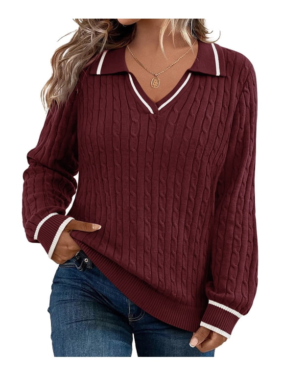 Plus Size Sweatshirts 2X Long Sleeve Womens Sweaters Fall V Neck Red Tops Fashion Knit Collar Shirts Loose Fit Lapel Pullovers Winter Casual Dressy 2XL 18W 20W